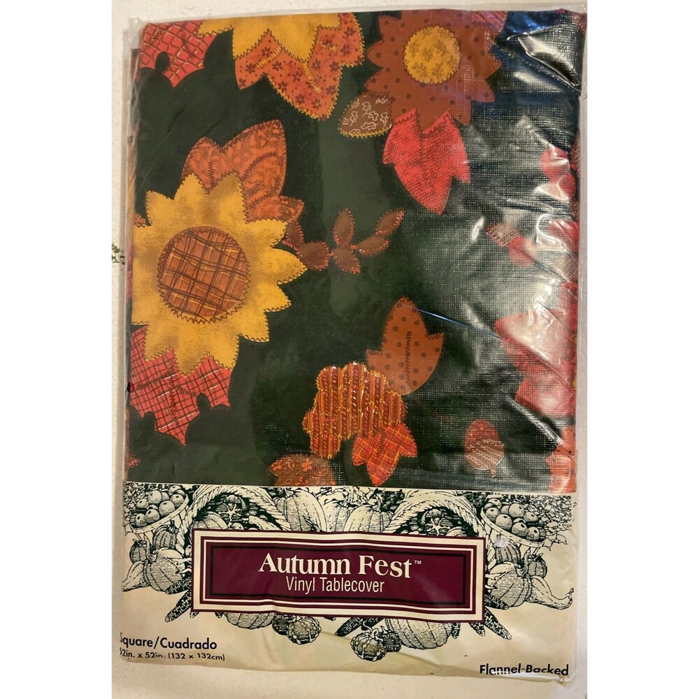 Vintage Autumn Fest Vinyl Table cover Oblong 52x70” NIP Leaves Flannel Backed
